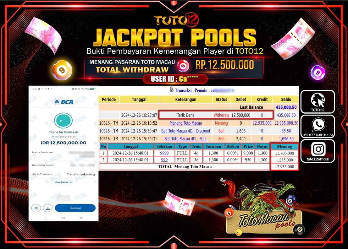 HANYA DI TOTO12 JP PASTI DI BAYAR LUNAS DAN CEPAT!!!!!! JACKPOT POOLS PASARAN (TOTO MACAU) Rp.12.500.000 !!!!