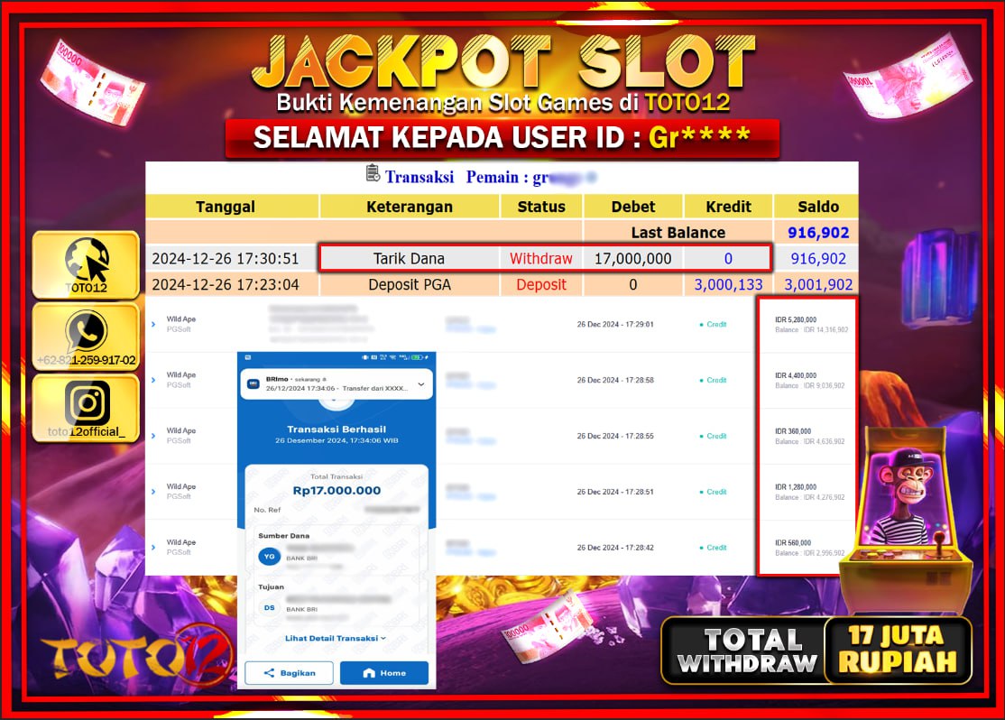 HANYA DI TOTO12 JP PASTI DI BAYAR LUNAS DAN CEPAT!!!!!! JACKPOT SLOT GAME (WILD APE) Rp.17.000.000 !!!!
