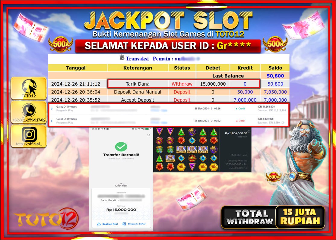 HANYA DI TOTO12 JP PASTI DI BAYAR LUNAS DAN CEPAT!!!!!! JACKPOT SLOT GAME (GATES OF OLYMPUS) Rp.15.000.000 !!!!