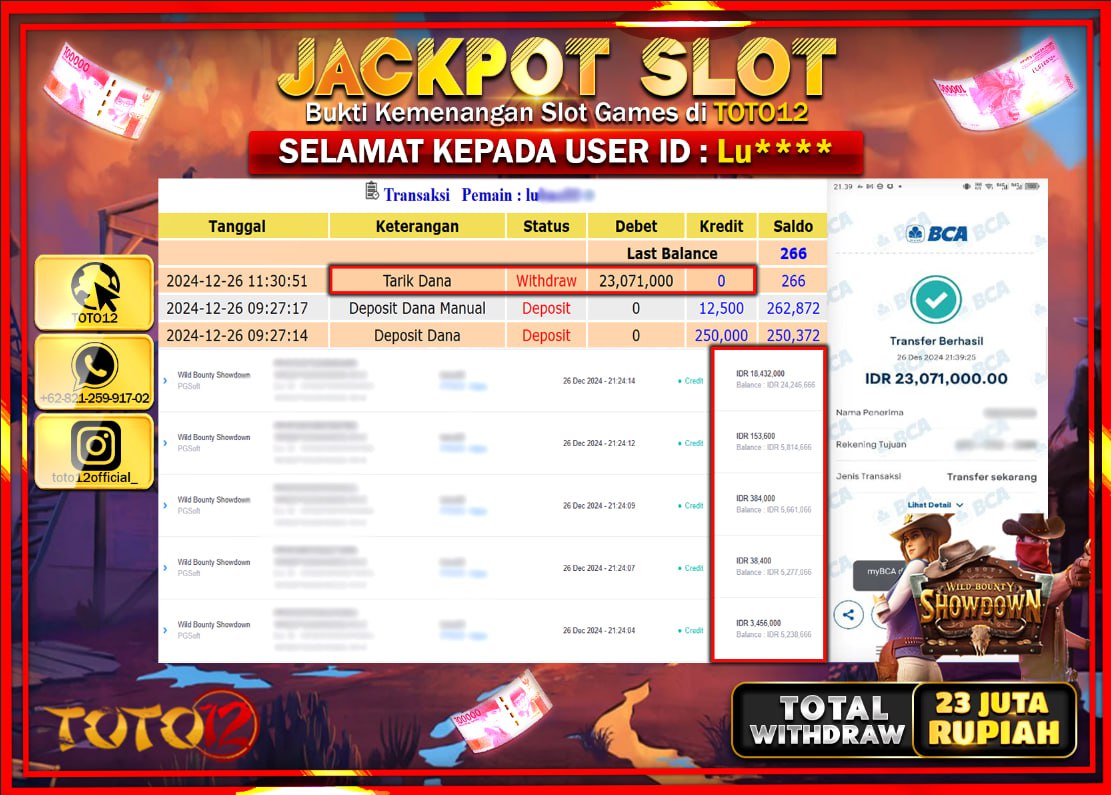 HANYA DI TOTO12 JP PASTI DI BAYAR LUNAS DAN CEPAT!!!!!! JACKPOT SLOT GAME (WILD BOUNTY SHOWDOWN) Rp.23.000.000 !!!!