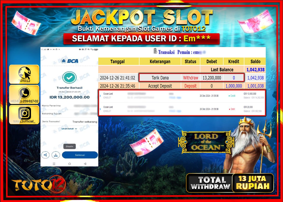 HANYA DI TOTO12 JP PASTI DI BAYAR LUNAS DAN CEPAT!!!!!! JACKPOT SLOT GAME (OCEAN LORD) Rp.13.000.000 !!!!