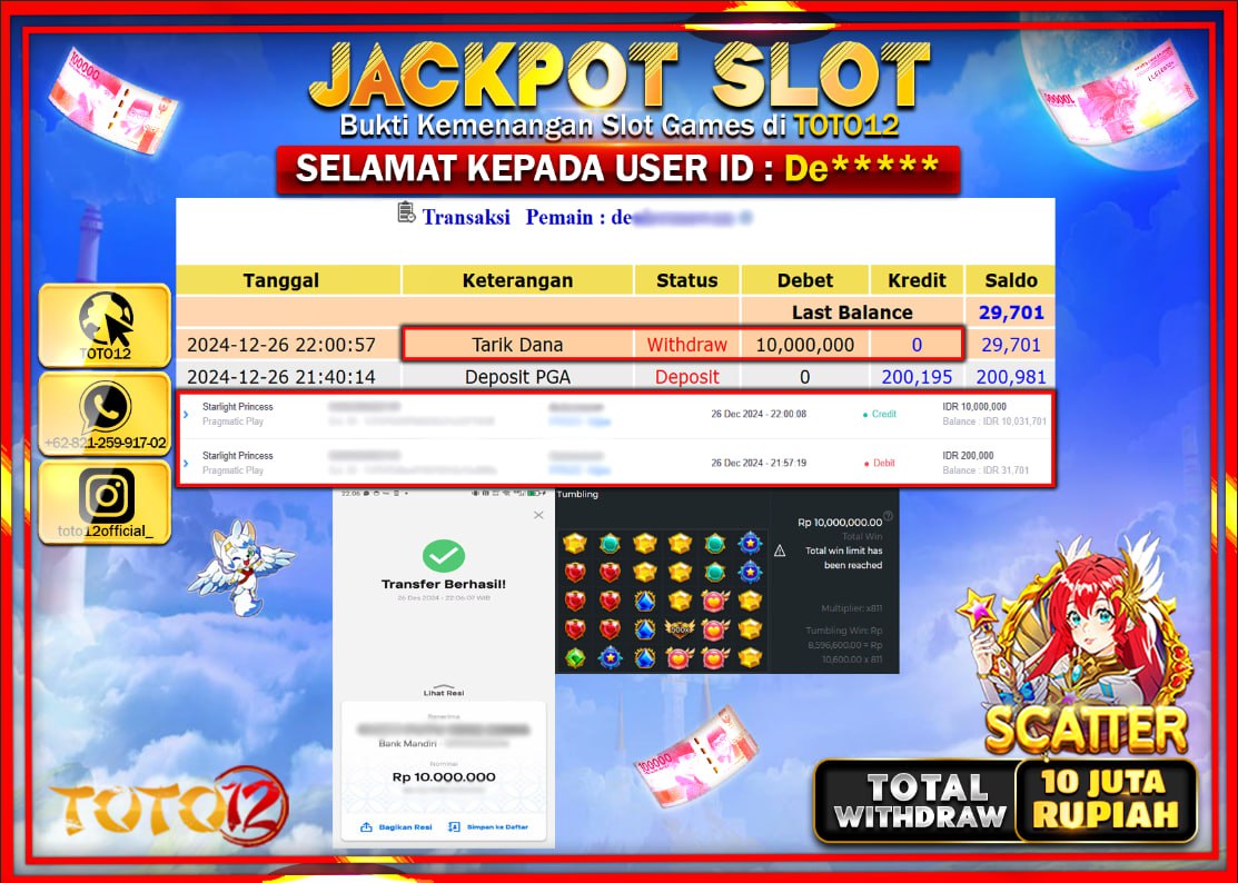 HANYA DI TOTO12 JP PASTI DI BAYAR LUNAS DAN CEPAT!!!!!! JACKPOT SLOT GAME (STARLIGHT PRINCESS) Rp.10.000.000 !!!!