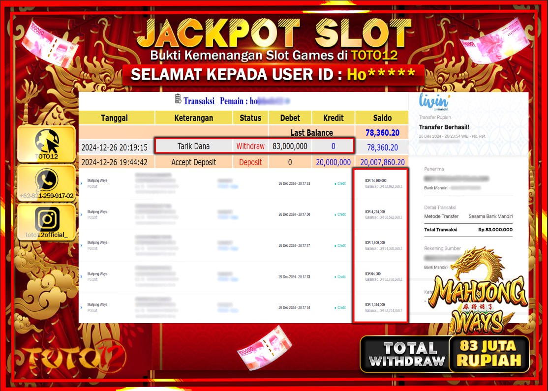 HANYA DI TOTO12 JP PASTI DI BAYAR LUNAS DAN CEPAT!!!!!! JACKPOT SLOT GAME (MAHJONG WAYS) Rp.83.000.000 !!!!