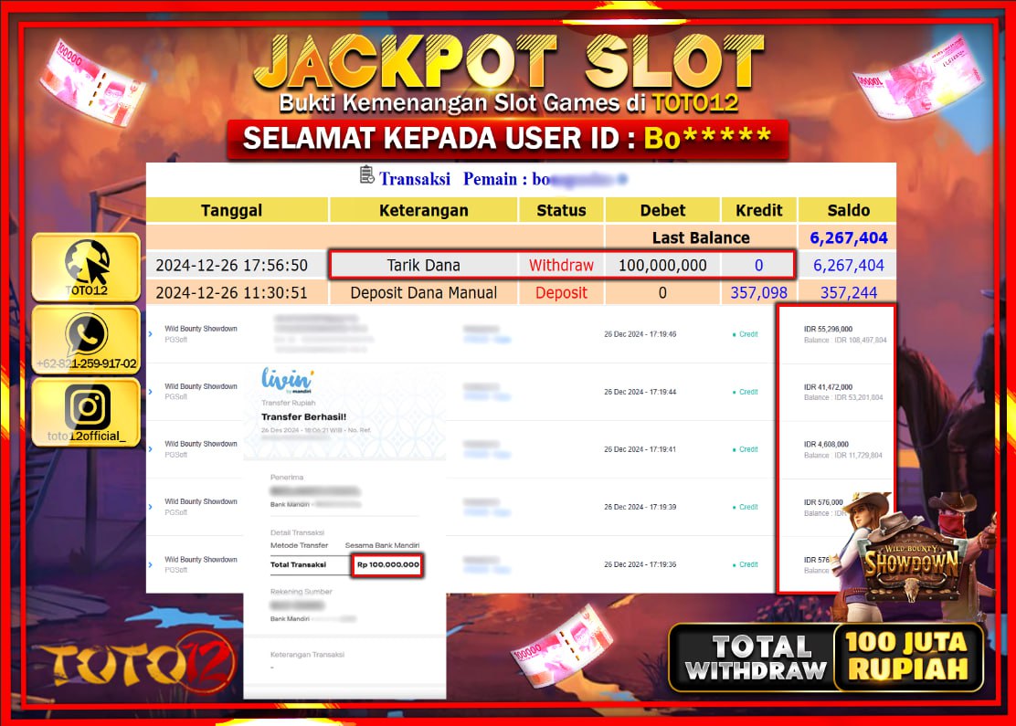 HANYA DI TOTO12 JP PASTI DI BAYAR LUNAS DAN CEPAT!!!!!! JACKPOT SLOT GAME (WILD BOUNTY SHOWDOWN) Rp.100.000.000 !!!!