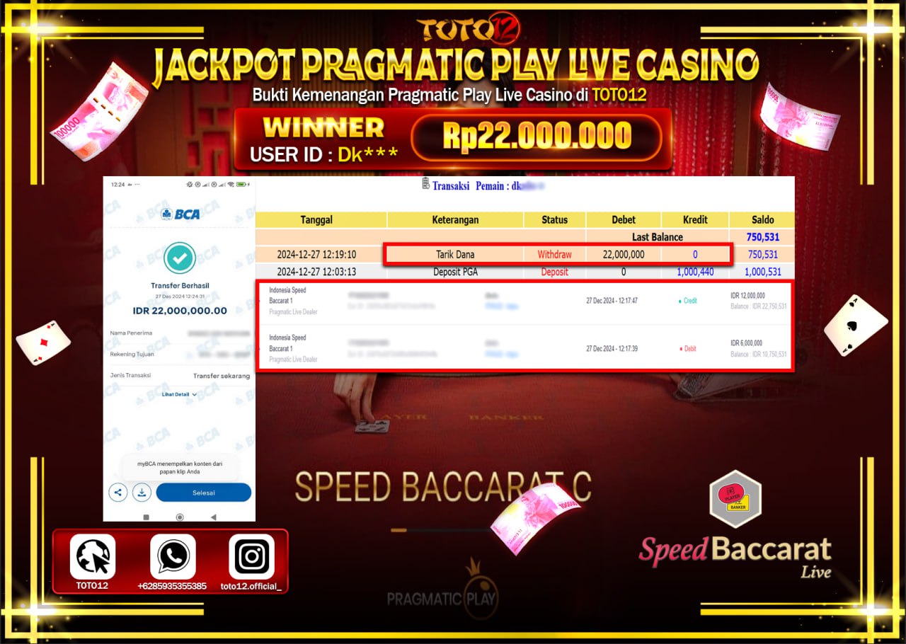 HANYA DI TOTO12 JP PASTI DI BAYAR LUNAS DAN CEPAT!!!!!! JACKPOT PRAGMATIC PLAY LIVE CASINO (SPEED BACCARAT LIVE) Rp.22.000.000 !!!!