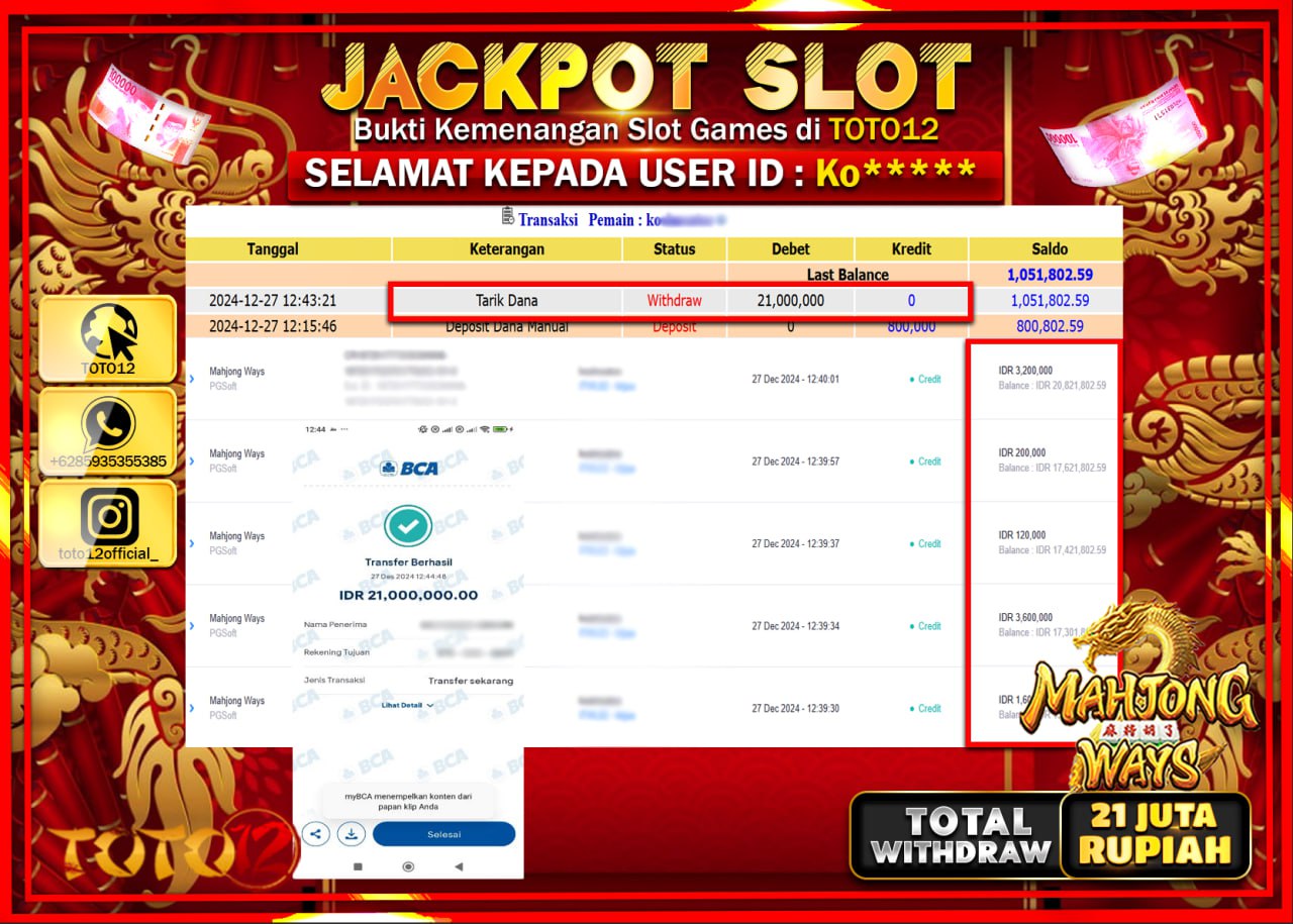 HANYA DI TOTO12 JP PASTI DI BAYAR LUNAS DAN CEPAT!!!!!! JACKPOT SLOT GAME (MAHJONG WAYS) Rp.21.000.000 !!!!