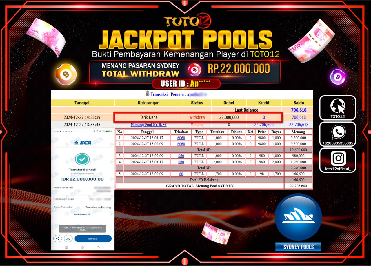 HANYA DI TOTO12 JP PASTI DI BAYAR LUNAS DAN CEPAT!!!!!! JACKPOT POOLS PASARAN (SYDNEY) Rp.22.000.000 !!!!