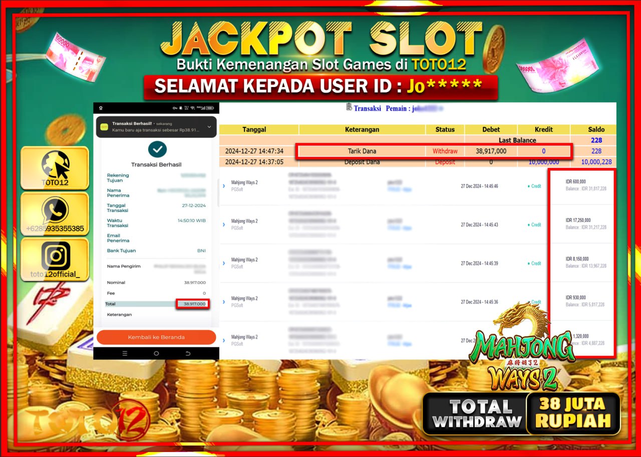 HANYA DI TOTO12 JP PASTI DI BAYAR LUNAS DAN CEPAT!!!!!! JACKPOT SLOT GAME (MAHJONG WAYS 2) Rp.38.000.000 !!!!