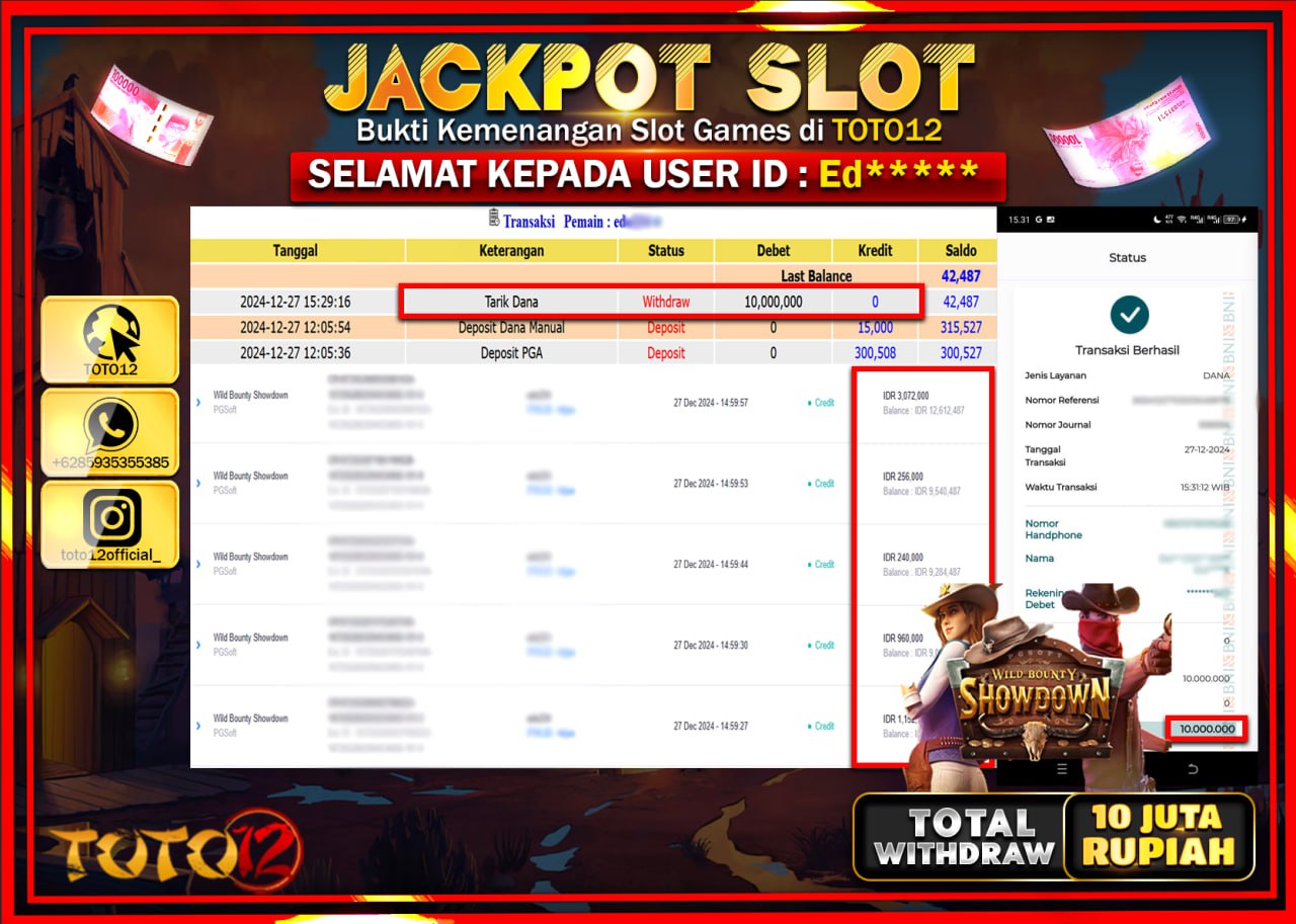 HANYA DI TOTO12 JP PASTI DI BAYAR LUNAS DAN CEPAT!!!!!! JACKPOT SLOT GAME (WILD BOUNTY SHOWDOWN) Rp.10.000.000 !!!!