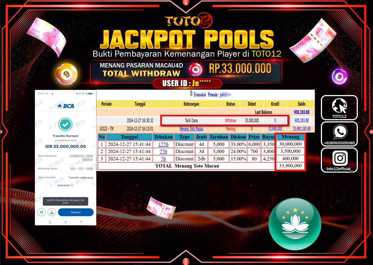 HANYA DI TOTO12 JP PASTI DI BAYAR LUNAS DAN CEPAT!!!!!! JACKPOT POOLS PASARAN (TOTO MACAU) Rp.33.000.000 !!!!
