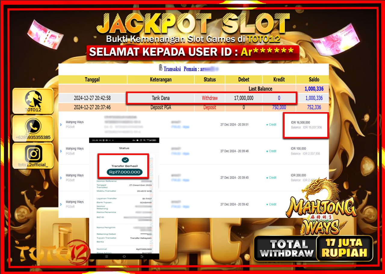 HANYA DI TOTO12 JP PASTI DI BAYAR LUNAS DAN CEPAT!!!!!! JACKPOT SLOT GAME (MAHJONG WAYS) Rp.17.000.000 !!!!