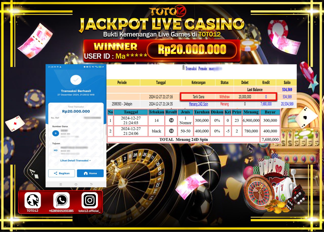 HANYA DI TOTO12 JP PASTI DI BAYAR LUNAS DAN CEPAT!!!!!! JACKPOT LIVE GAMES CASINO (24D SPIN) Rp.20.000.000 !!!!