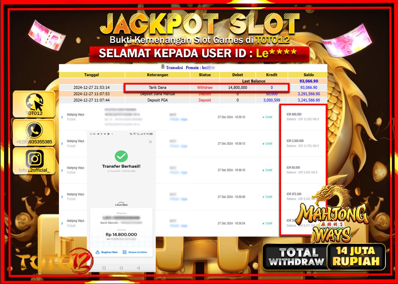 HANYA DI TOTO12 JP PASTI DI BAYAR LUNAS DAN CEPAT!!!!!! JACKPOT SLOT GAME (MAHJONG WAYS) Rp.14.000.000 !!!!