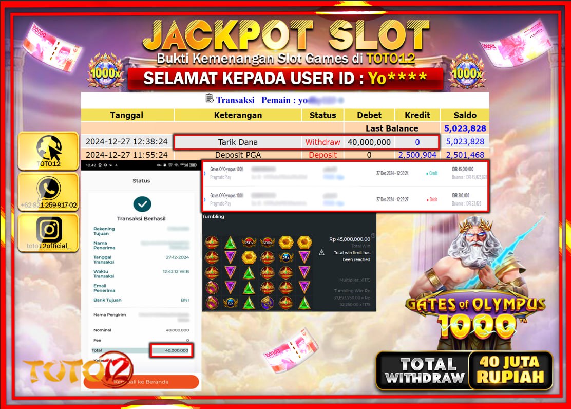 HANYA DI TOTO12 JP PASTI DI BAYAR LUNAS DAN CEPAT!!!!!! JACKPOT SLOT GAME (GATES OF OLYMPUS 1000) Rp.40.000.000 !!!!