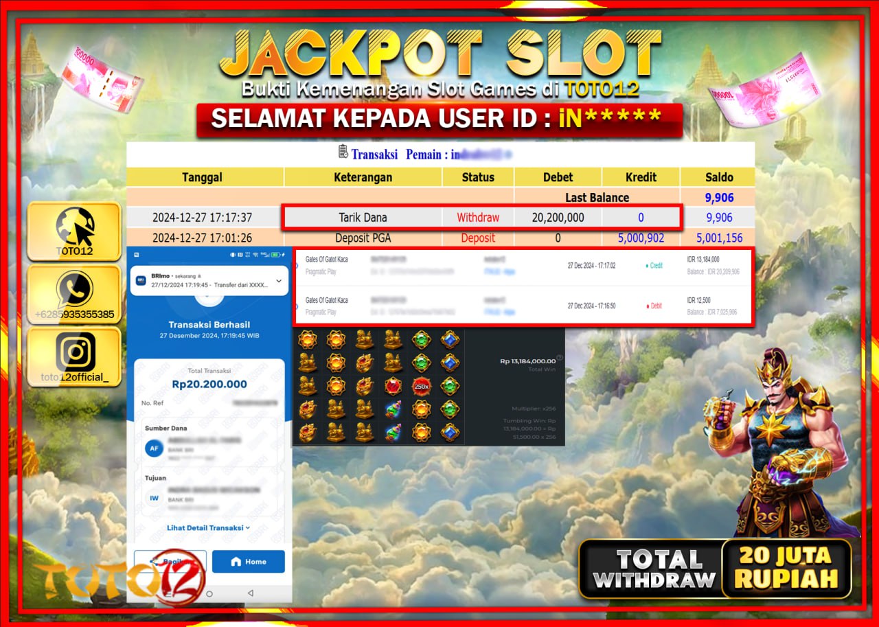 HANYA DI TOTO12 JP PASTI DI BAYAR LUNAS DAN CEPAT!!!!!! JACKPOT SLOT GAME (GATES OF GATOT KACA) Rp.20.000.000 !!!!