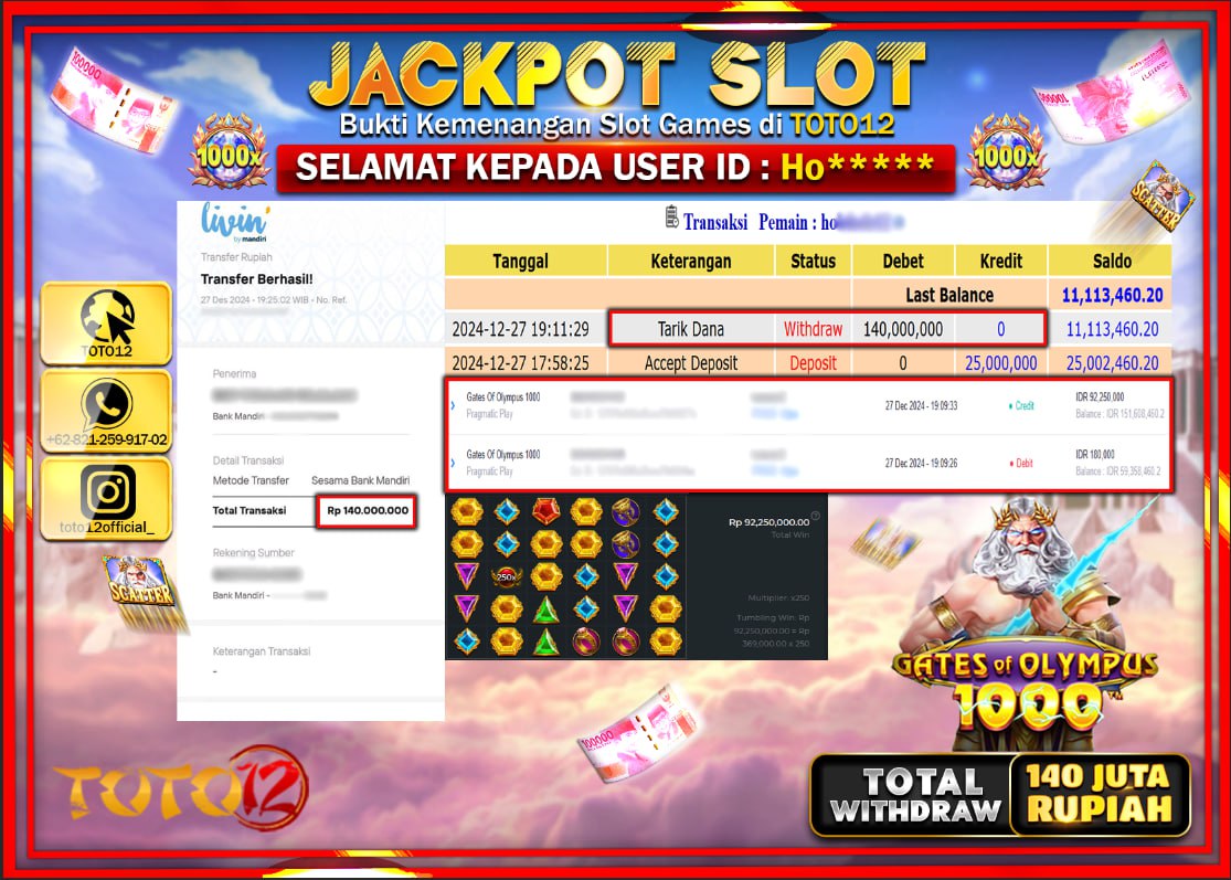 HANYA DI TOTO12 JP PASTI DI BAYAR LUNAS DAN CEPAT!!!!!! JACKPOT SLOT GAME (GATES OF OLYMPUS 1000) Rp.140.000.000 !!!!