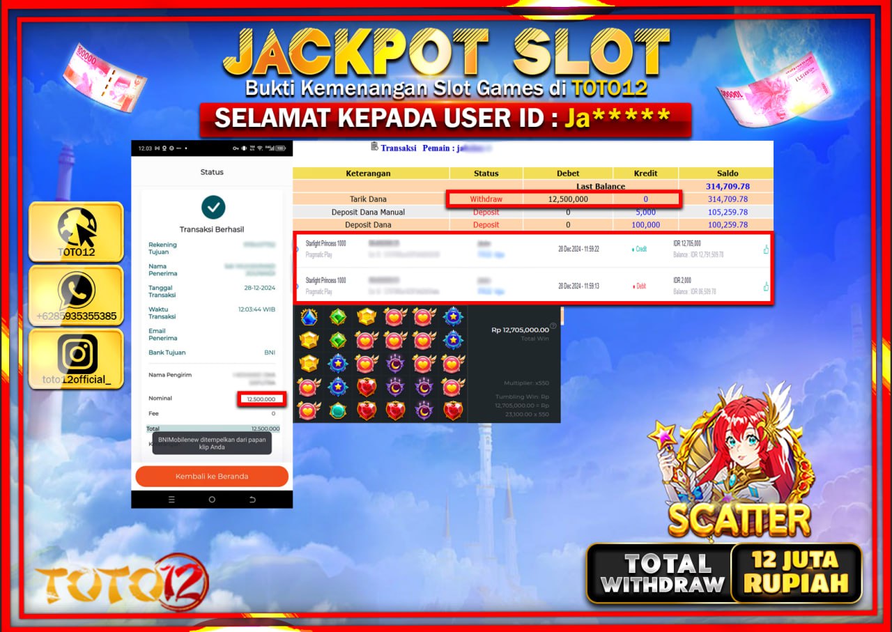 HANYA DI TOTO12 JP PASTI DI BAYAR LUNAS DAN CEPAT!!!!!! JACKPOT SLOT GAME (STARLIGHT PRINCESS 1000) Rp.12.000.000 !!!!