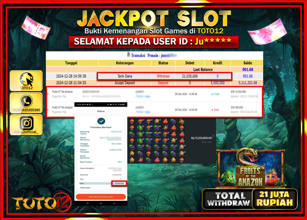 HANYA DI TOTO12 JP PASTI DI BAYAR LUNAS DAN CEPAT!!!!!! JACKPOT SLOT GAME (FRUITS OF THE AMAZON) Rp.21.000.000 !!!!