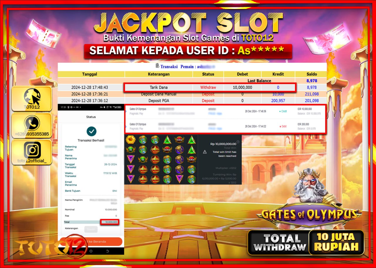 HANYA DI TOTO12 JP PASTI DI BAYAR LUNAS DAN CEPAT!!!!!! JACKPOT SLOT GAME (GATES OF OLYMPUS) Rp.10.000.000 !!!!
