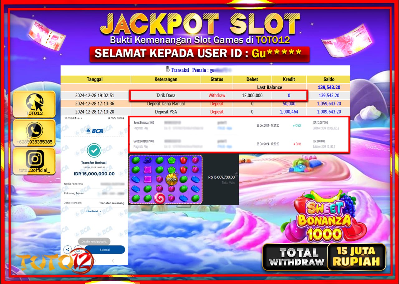 HANYA DI TOTO12 JP PASTI DI BAYAR LUNAS DAN CEPAT!!!!!! JACKPOT SLOT GAME (SWEET BONANZA 1000) Rp.15.000.000 !!!!