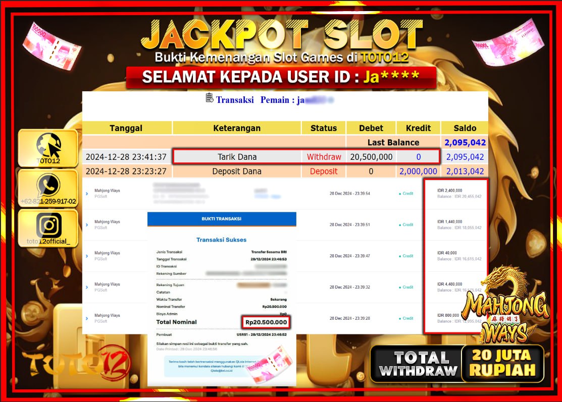 HANYA DI TOTO12 JP PASTI DI BAYAR LUNAS DAN CEPAT!!!!!! JACKPOT SLOT GAME (MAHJONG WAYS) Rp.20.000.000 !!!!