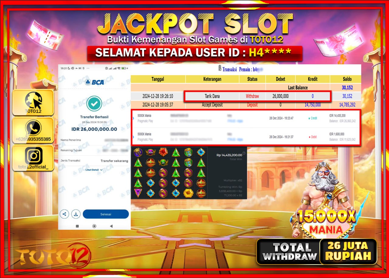 HANYA DI TOTO12 JP PASTI DI BAYAR LUNAS DAN CEPAT!!!!!! JACKPOT SLOT GAME (15.000X MANIA) Rp.26.000.000 !!!!