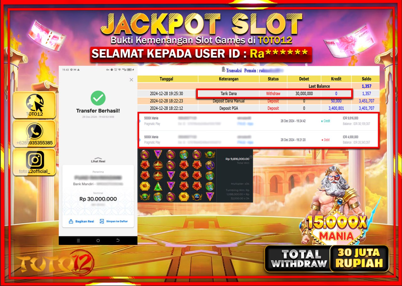 HANYA DI TOTO12 JP PASTI DI BAYAR LUNAS DAN CEPAT!!!!!! JACKPOT SLOT GAME (15.000X MANIA) Rp.30.000.000 !!!!
