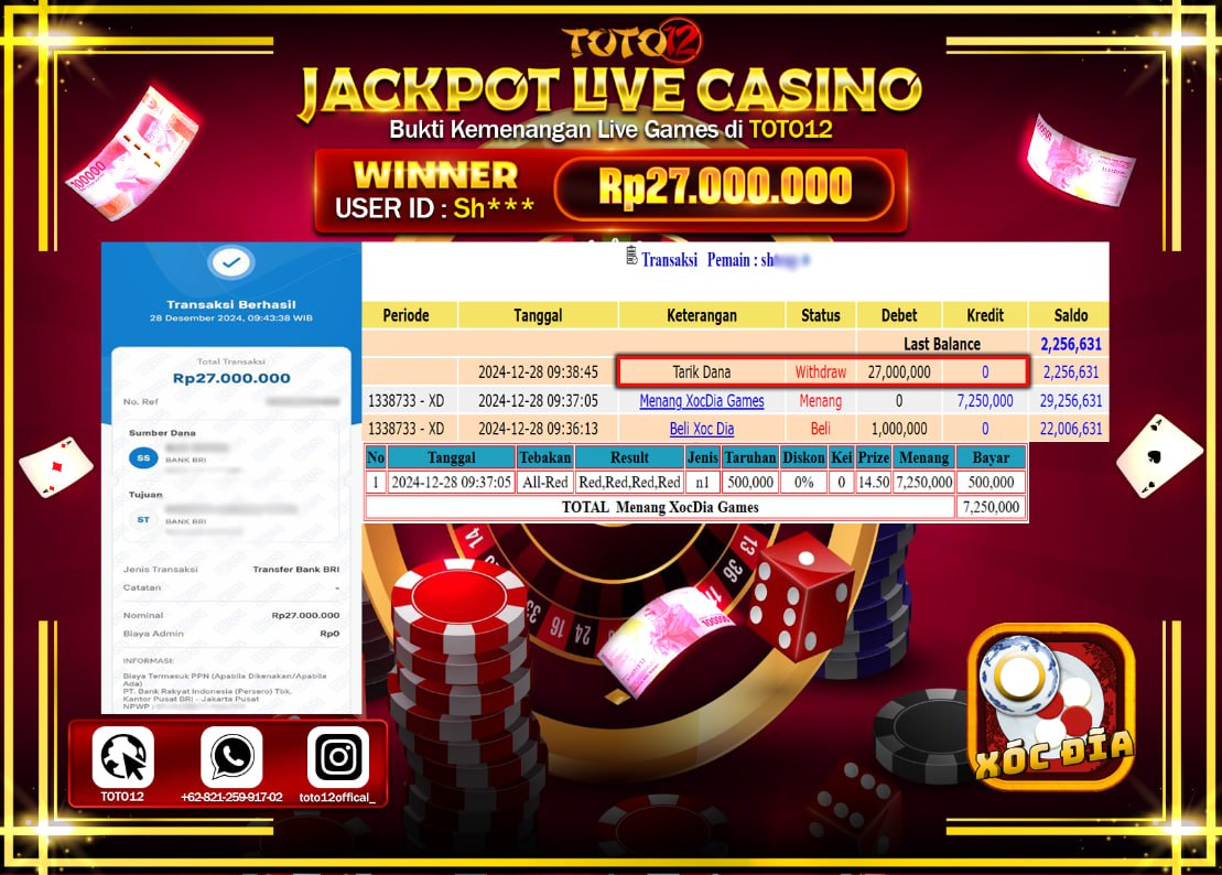 HANYA DI TOTO12 JP PASTI DI BAYAR LUNAS DAN CEPAT!!!!!! JACKPOT LIVE GAMES CASINO (XOC DIA) Rp.27.000.000 !!!!