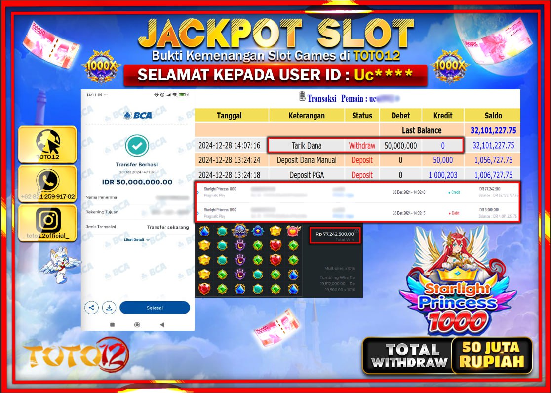 HANYA DI TOTO12 JP PASTI DI BAYAR LUNAS DAN CEPAT!!!!!! JACKPOT SLOT GAME (STARLIGHT PRINCESS 1000) Rp.50.000.000 !!!!