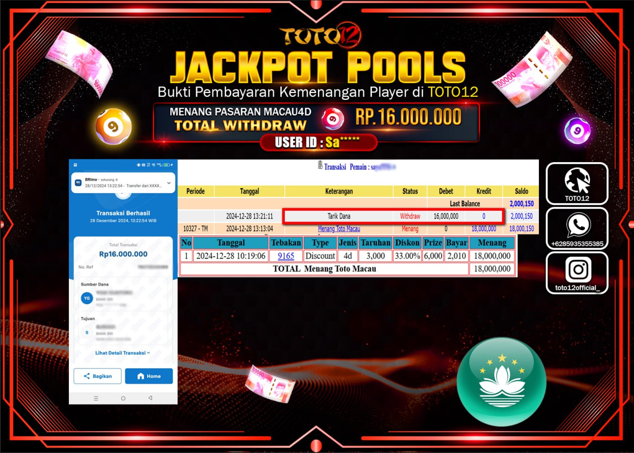 HANYA DI TOTO12 JP PASTI DI BAYAR LUNAS DAN CEPAT!!!!!! JACKPOT POOLS PASARAN (TOTO MACAU) Rp.16.000.000 !!!!