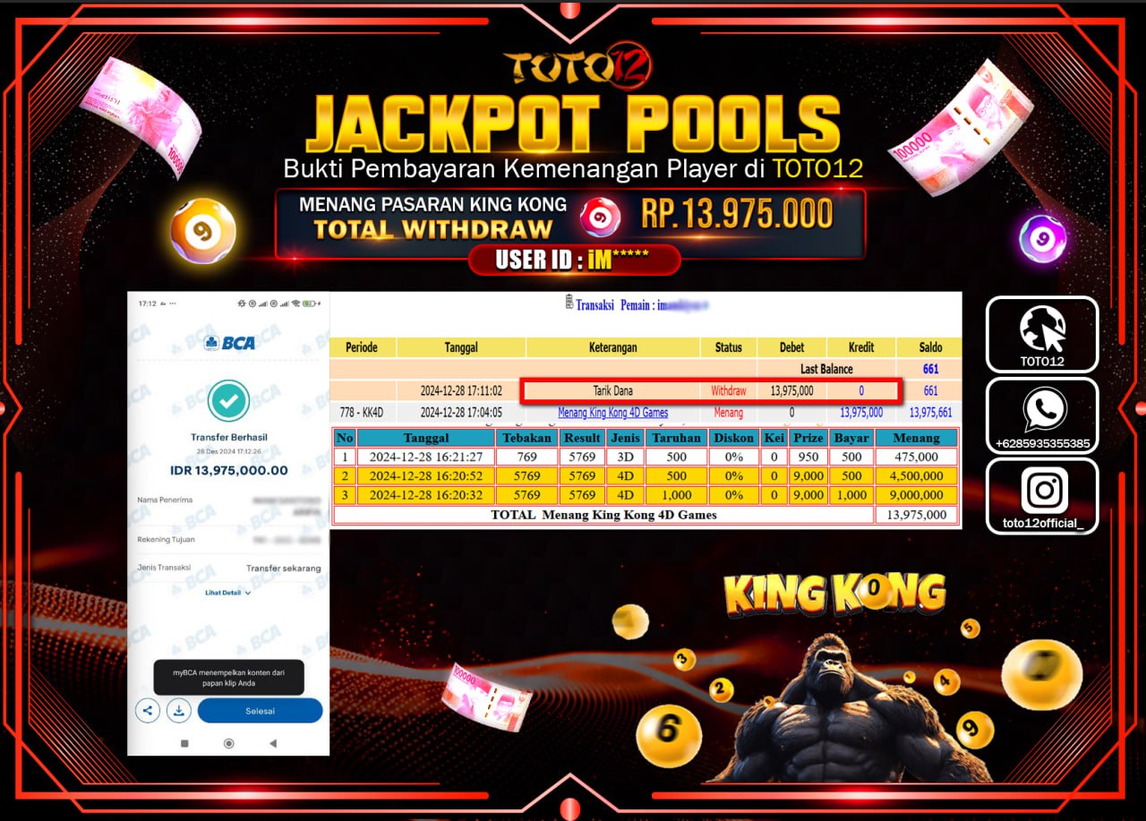 HANYA DI TOTO12 JP PASTI DI BAYAR LUNAS DAN CEPAT!!!!!! JACKPOT POOLS PASARAN (KING KONG) Rp.13.975.000 !!!!