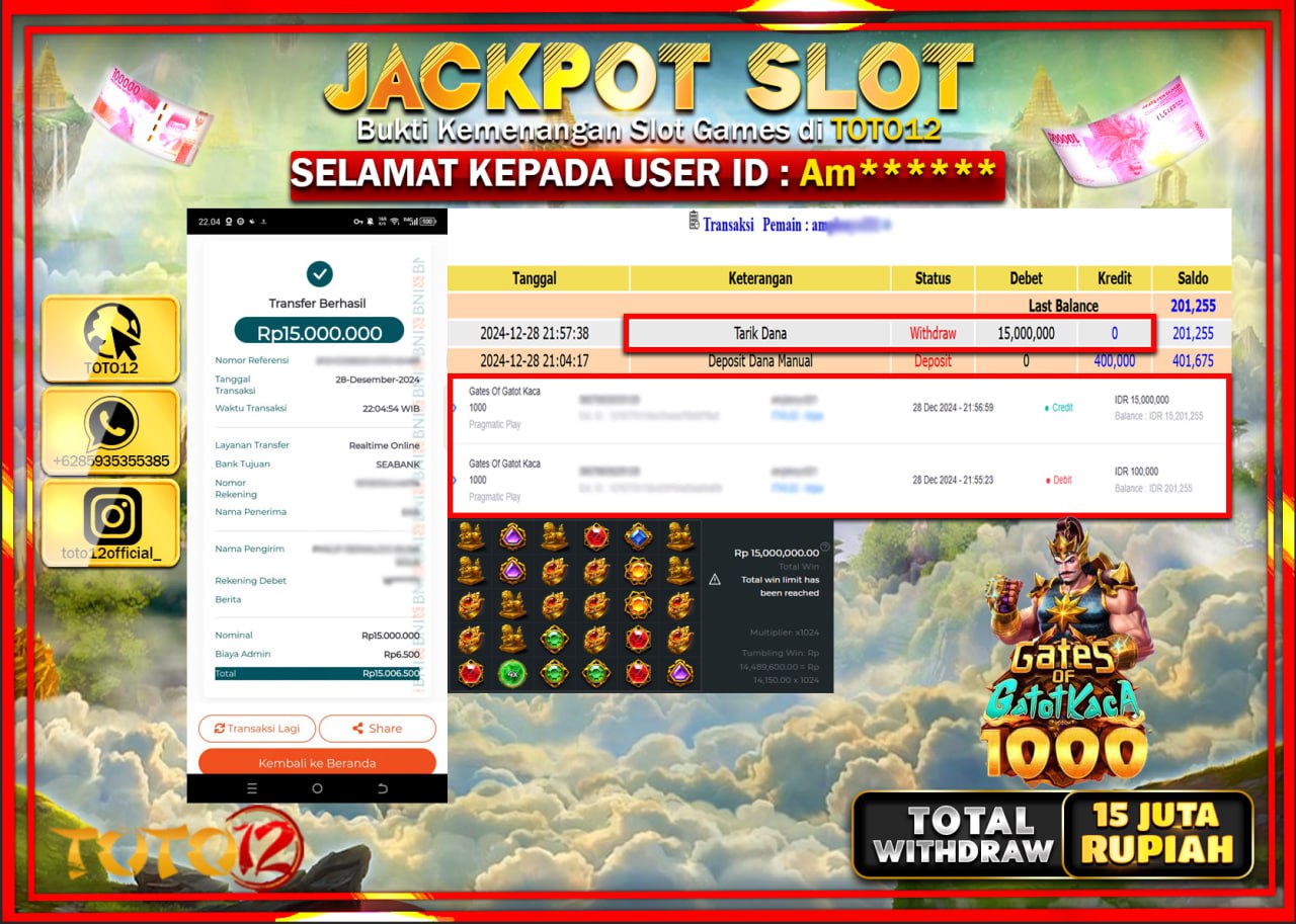 HANYA DI TOTO12 JP PASTI DI BAYAR LUNAS DAN CEPAT!!!!!! JACKPOT SLOT GAME (GATES OF OLYMPUS 1000) Rp.15.000.000 !!!!