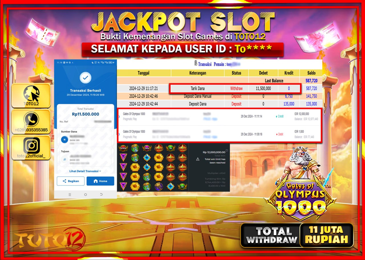 HANYA DI TOTO12 JP PASTI DI BAYAR LUNAS DAN CEPAT!!!!!! JACKPOT SLOT GAME (GATES OF OLYMPUS 1000) Rp.11.000.000 !!!!