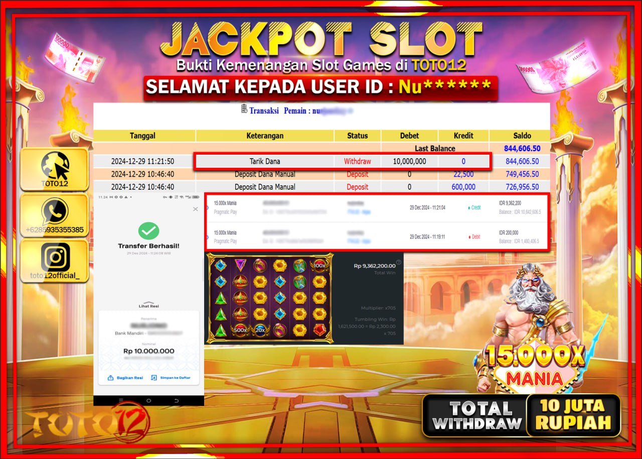HANYA DI TOTO12 JP PASTI DI BAYAR LUNAS DAN CEPAT!!!!!! JACKPOT SLOT GAME (15.000X MANIA) Rp.10.000.000 !!!!