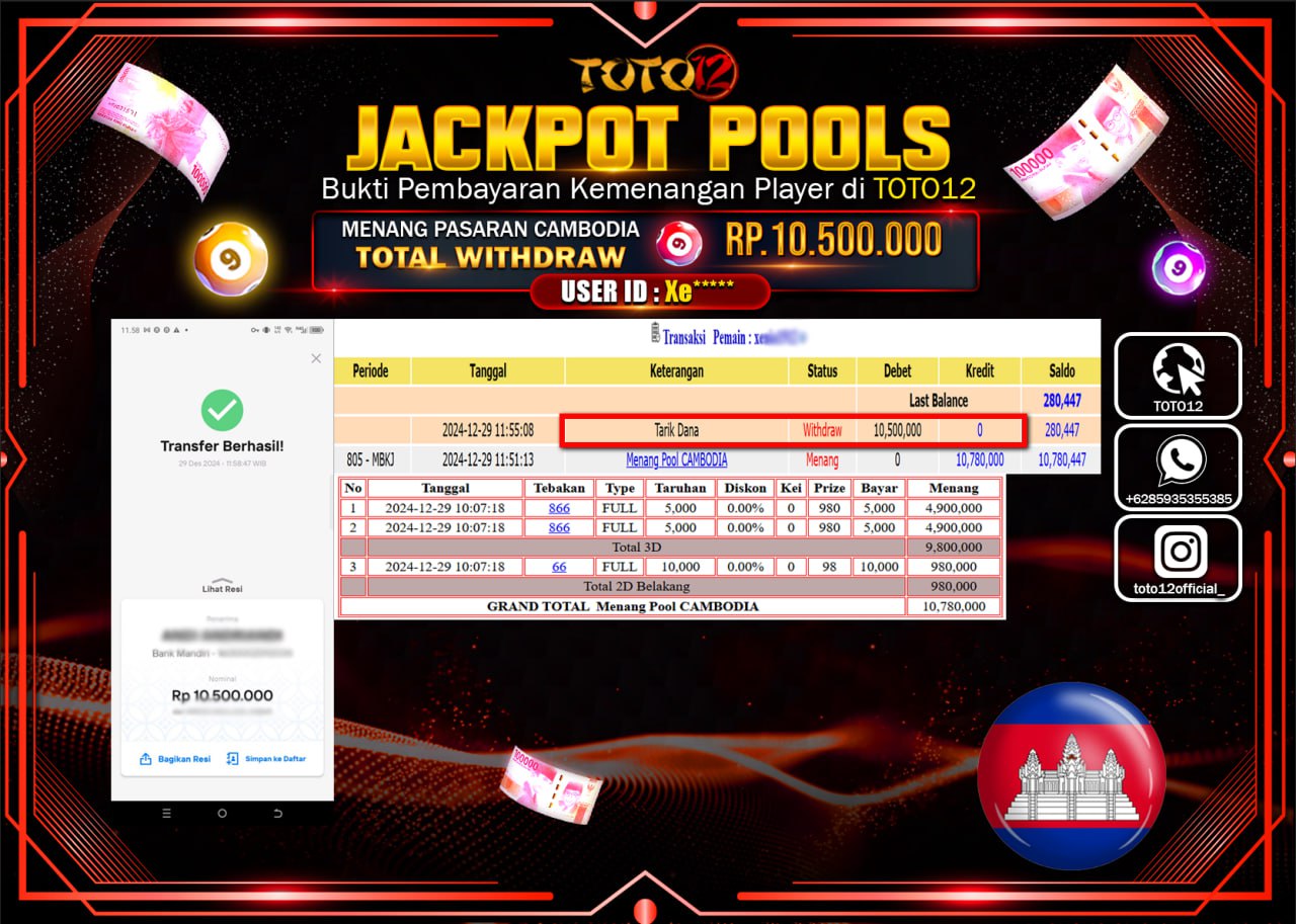 HANYA DI TOTO12 JP PASTI DI BAYAR LUNAS DAN CEPAT!!!!!! JACKPOT POOLS PASARAN (CAMBODIA) Rp.10.500.000 !!!!