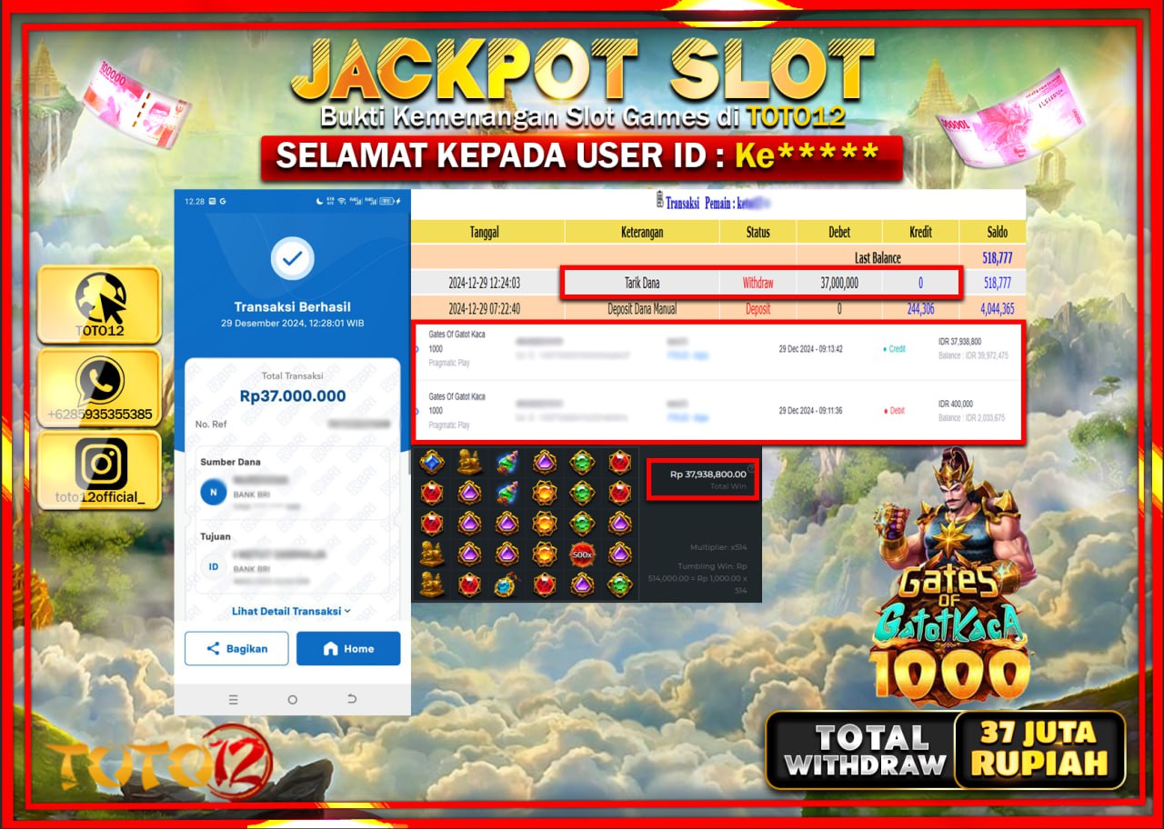 HANYA DI TOTO12 JP PASTI DI BAYAR LUNAS DAN CEPAT!!!!!! JACKPOT SLOT GAME (GATES OF GATOT KACA 1000) Rp.37.000.000 !!!!