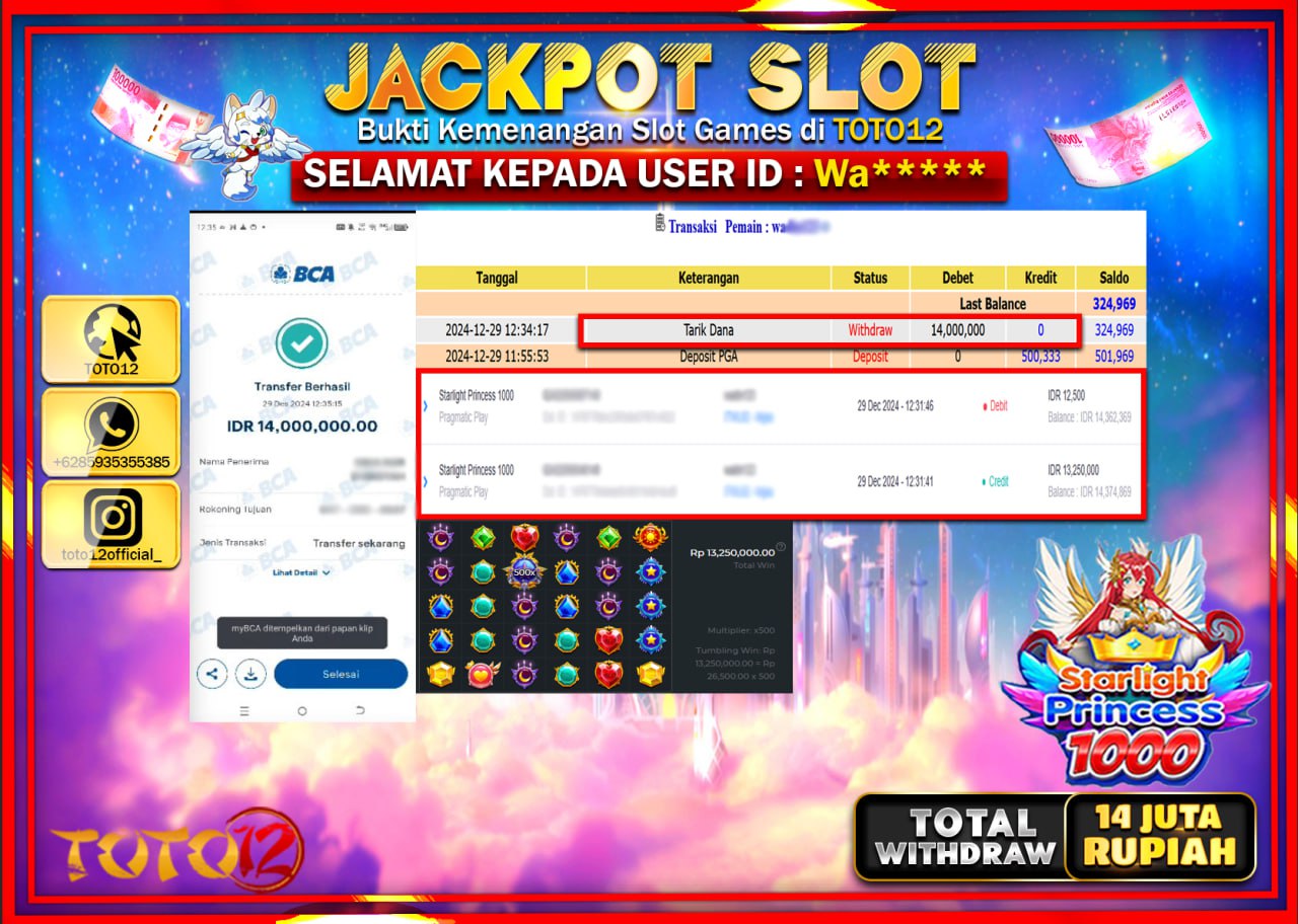 HANYA DI TOTO12 JP PASTI DI BAYAR LUNAS DAN CEPAT!!!!!! JACKPOT SLOT GAME (STARLIGHT PRINCESS 1000) Rp.14.000.000 !!!!