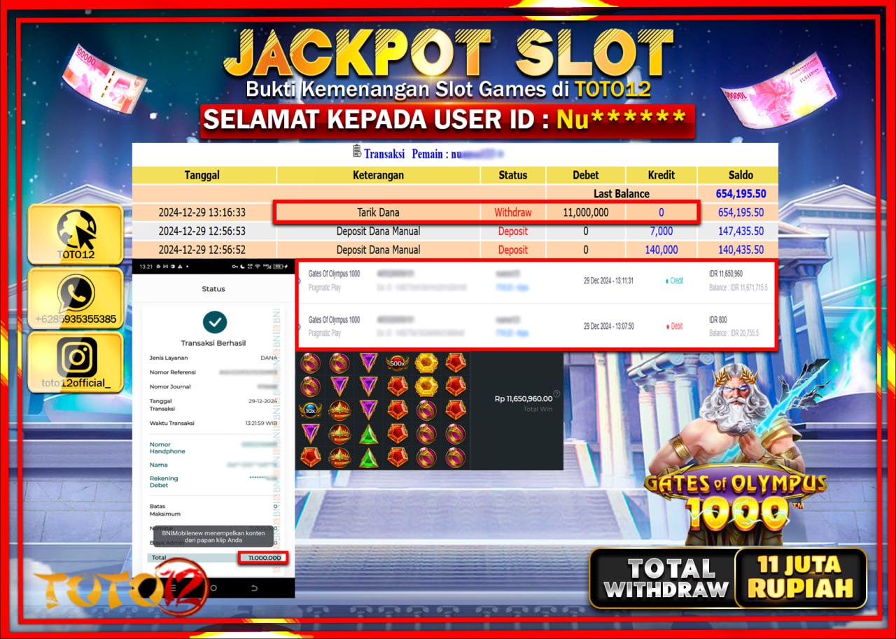 HANYA DI TOTO12 JP PASTI DI BAYAR LUNAS DAN CEPAT!!!!!! JACKPOT SLOT GAME (GATES OF OLYMPUS 1000) Rp.11.000.000 !!!!
