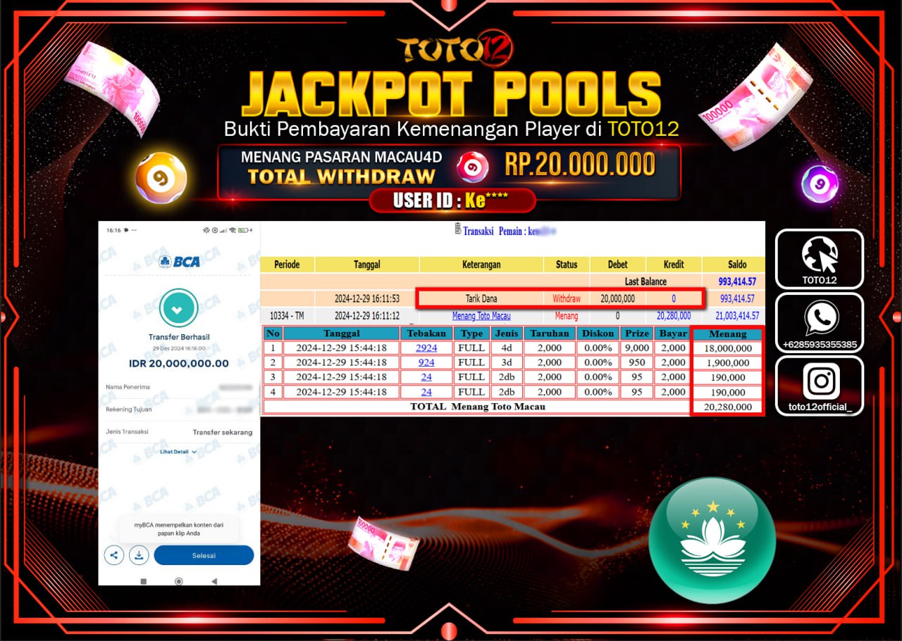 HANYA DI TOTO12 JP PASTI DI BAYAR LUNAS DAN CEPAT!!!!!! JACKPOT POOLS PASARAN (TOTO MACAU) Rp.20.000.000 !!!!