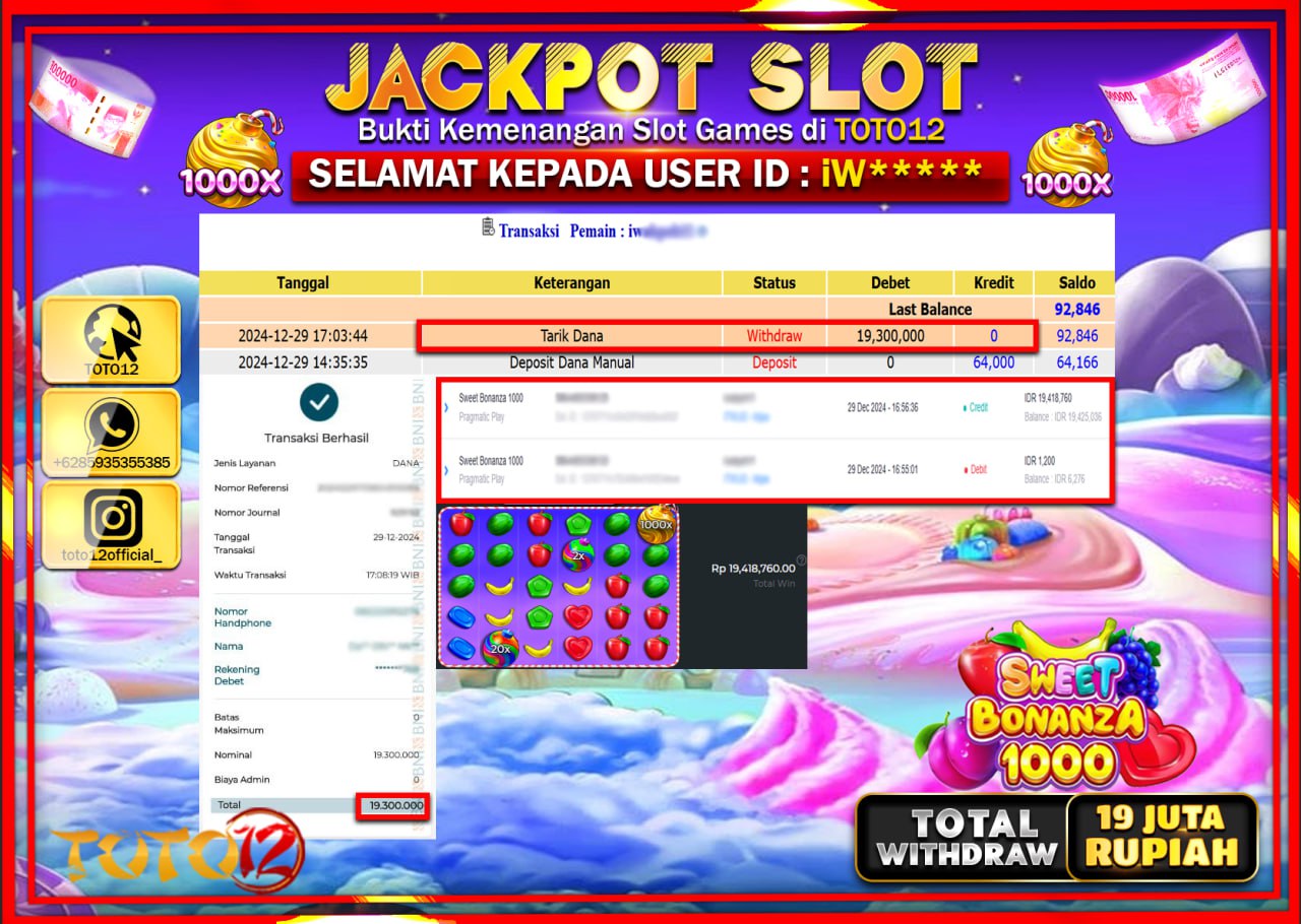 HANYA DI TOTO12 JP PASTI DI BAYAR LUNAS DAN CEPAT!!!!!! JACKPOT SLOT GAME (SWEET BONANZA 1000) Rp.19.000.000 !!!!