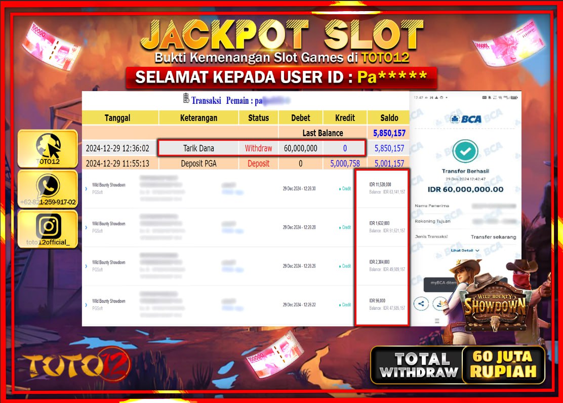HANYA DI TOTO12 JP PASTI DI BAYAR LUNAS DAN CEPAT!!!!!! JACKPOT SLOT GAME (WILD BOUNTY SHOWDOWN) Rp.60.000.000 !!!!