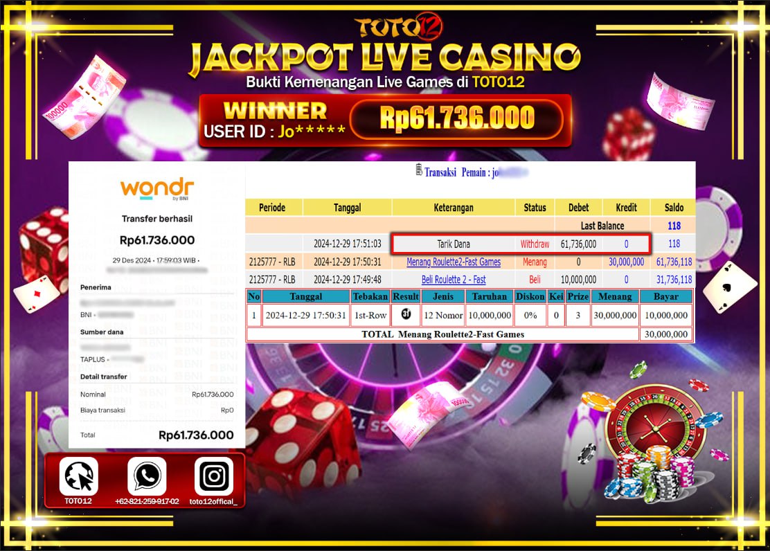 HANYA DI TOTO12 JP PASTI DI BAYAR LUNAS DAN CEPAT!!!!!! JACKPOT LIVE GAMES CASINO (ROULETTE 2 FAST) Rp.61.736.000 !!!!