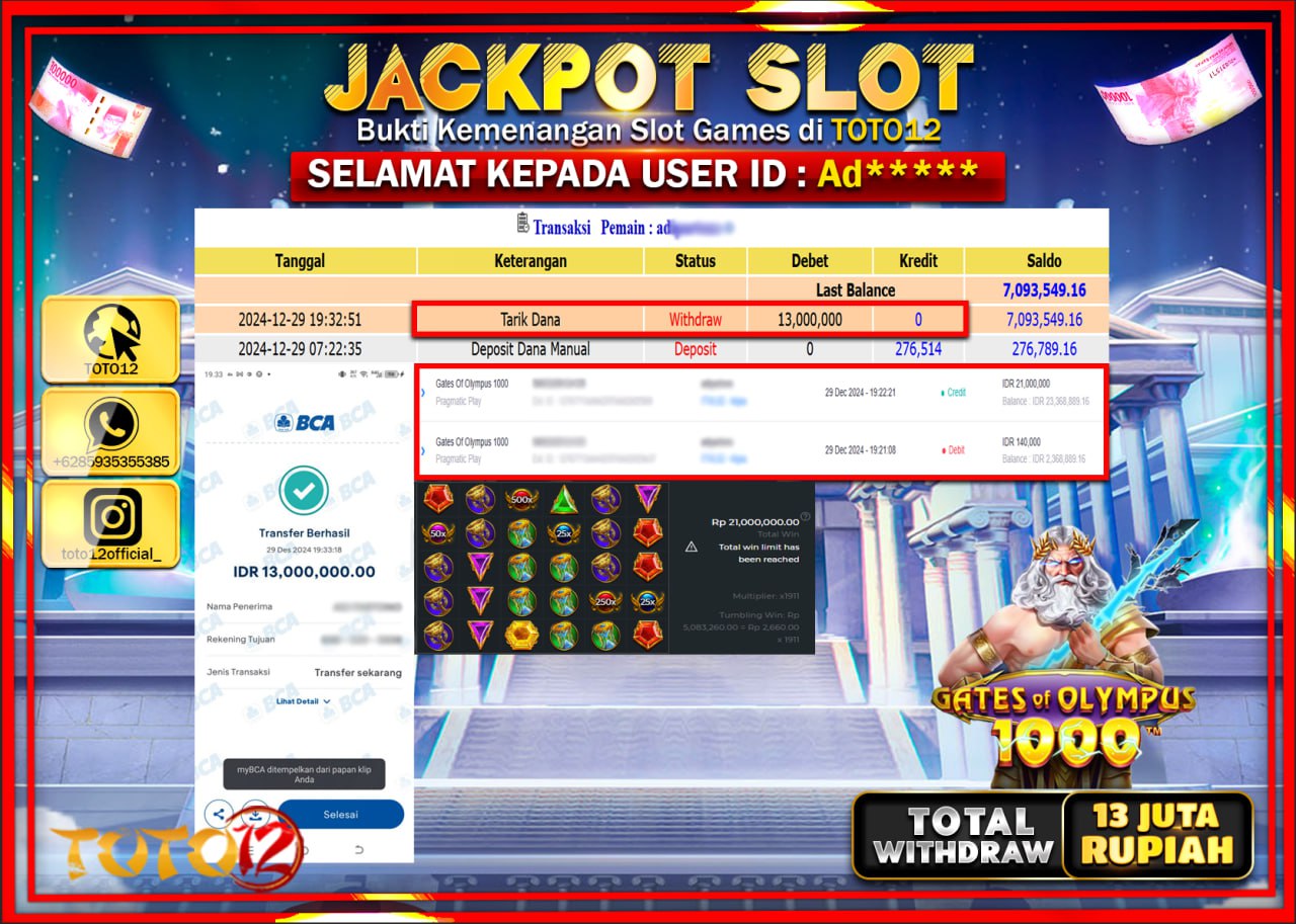 HANYA DI TOTO12 JP PASTI DI BAYAR LUNAS DAN CEPAT!!!!!! JACKPOT SLOT GAME (GATES OF OLYMPUS 1000) Rp.13.000.000 !!!!