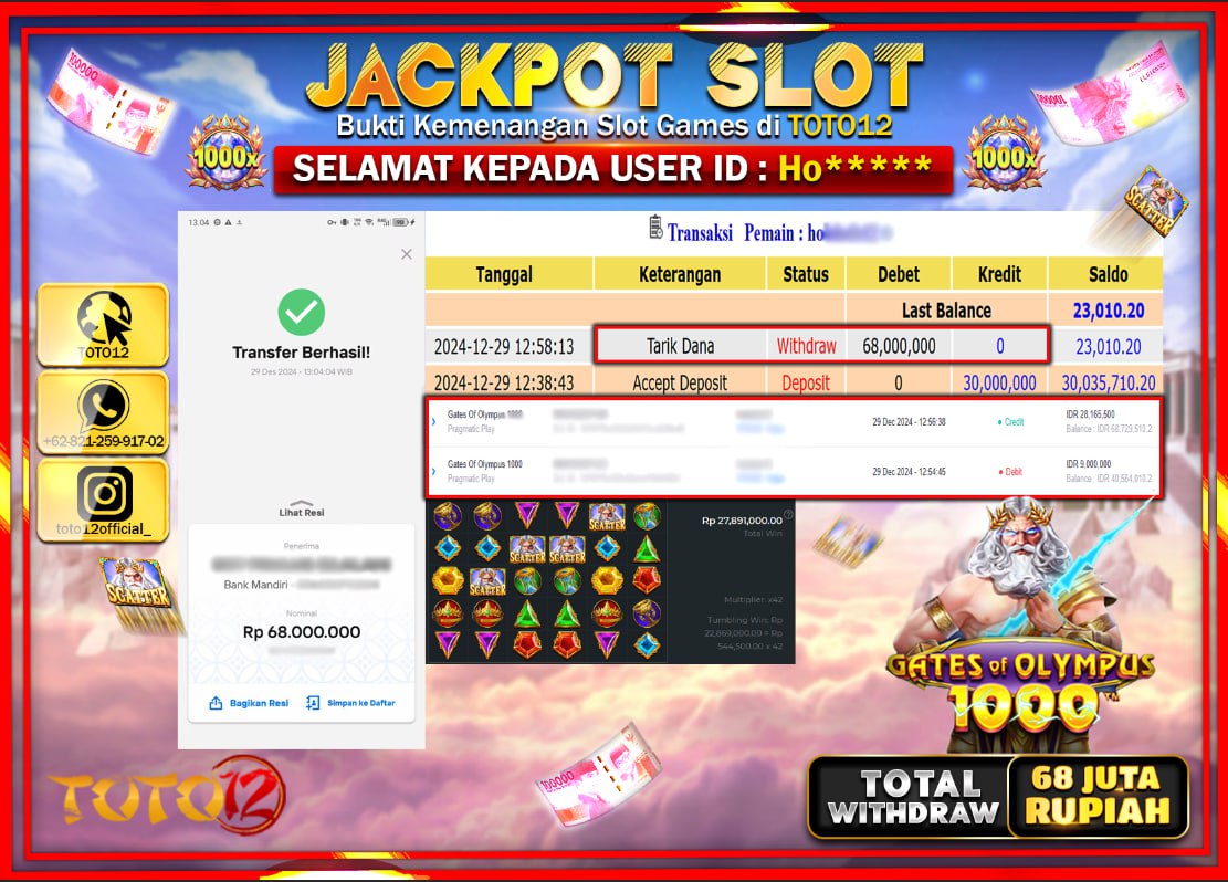 HANYA DI TOTO12 JP PASTI DI BAYAR LUNAS DAN CEPAT!!!!!! JACKPOT SLOT GAME (GATES OF OLYMPUS 1000) Rp.68.000.000 !!!!