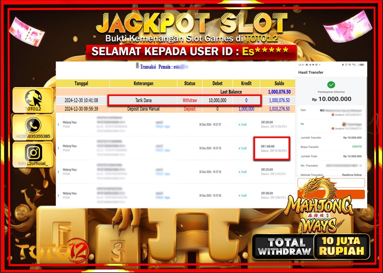 HANYA DI TOTO12 JP PASTI DI BAYAR LUNAS DAN CEPAT!!!!!! JACKPOT SLOT GAME (MAHJONG WAYS) Rp.10.000.000 !!!!