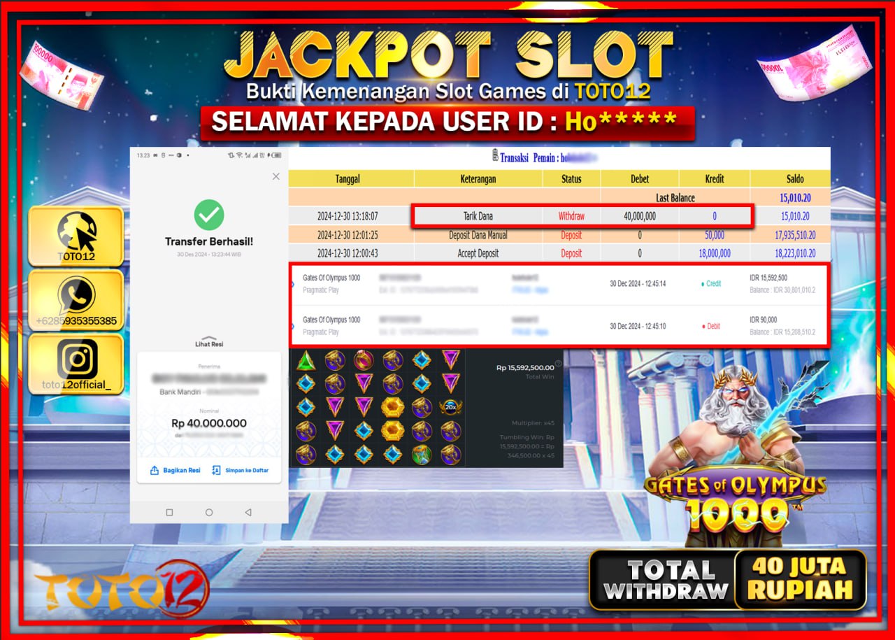 HANYA DI TOTO12 JP PASTI DI BAYAR LUNAS DAN CEPAT!!!!!! JACKPOT SLOT GAME (GATES OF OLYMPUS 1000) Rp.40.000.000 !!!!