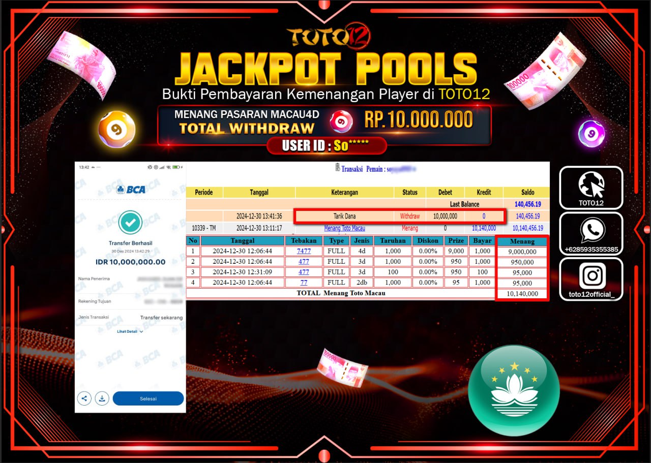 HANYA DI TOTO12 JP PASTI DI BAYAR LUNAS DAN CEPAT!!!!!! JACKPOT POOLS PASARAN (TOTO MACAU) Rp.10.000.000 !!!!