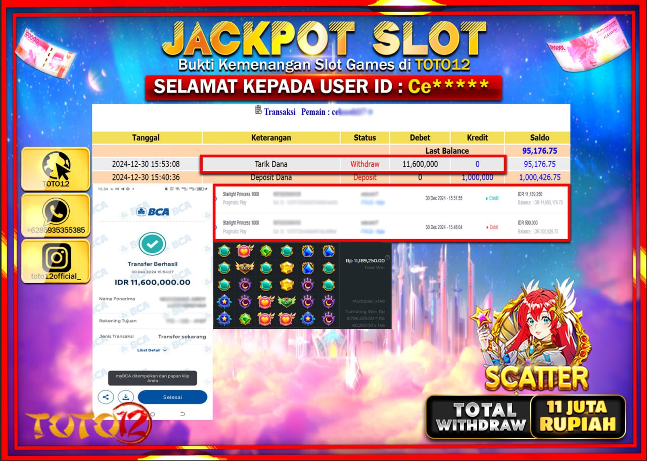 HANYA DI TOTO12 JP PASTI DI BAYAR LUNAS DAN CEPAT!!!!!! JACKPOT SLOT GAME (STARLIGHT PRINCESS 1000) Rp.11.000.000 !!!!