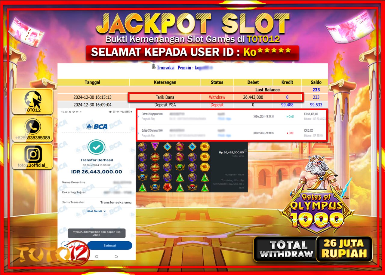 HANYA DI TOTO12 JP PASTI DI BAYAR LUNAS DAN CEPAT!!!!!! JACKPOT SLOT GAME (GATES OF OLYMPUS 1000) Rp.26.000.000 !!!!