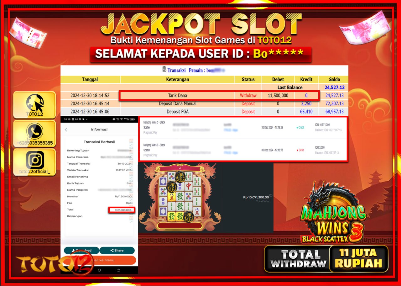 HANYA DI TOTO12 JP PASTI DI BAYAR LUNAS DAN CEPAT!!!!!! JACKPOT SLOT GAME (MAHJONG WINS 3 BLACK SCATTER ) Rp.11.000.000 !!!!